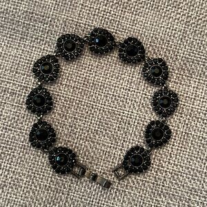 Liz Claiborne Vintage Black Rhinestone Gun Metal Link Bracelet - approx. 7”